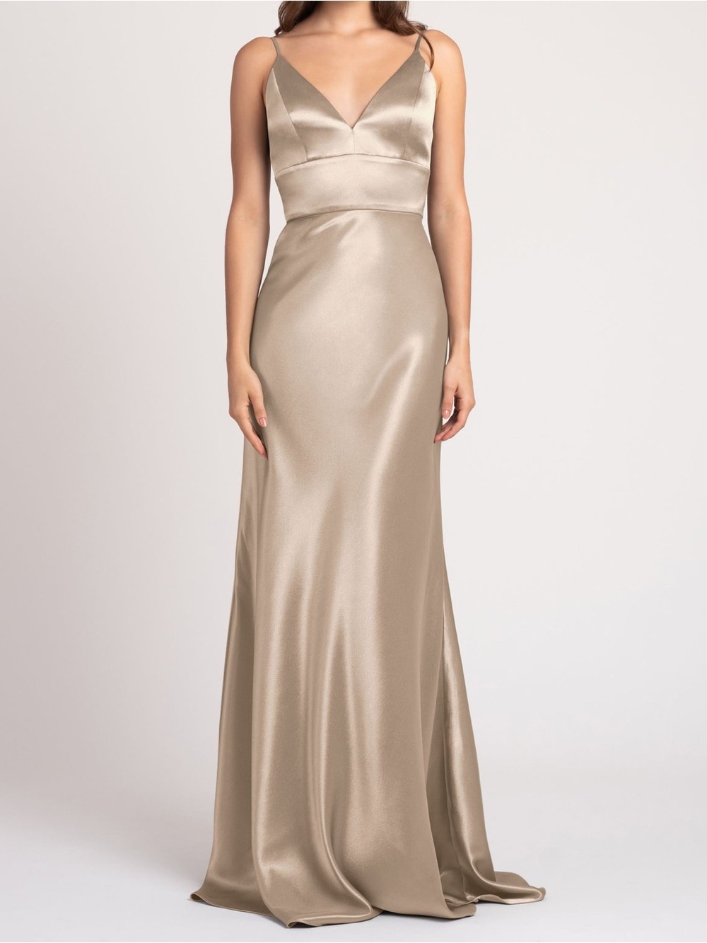 Jenny Yoo “Brenna” V-Neck Maxi Bridesmaid Gown in Pale Gold